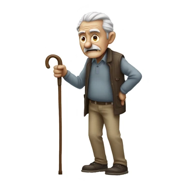Old man leaning on a walking cane and holding his back with his hand grumpy face, detailed sticker