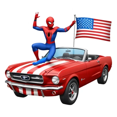 Spider-Man driving a 65 Ford Mustang fastback with the American flags on it sticker