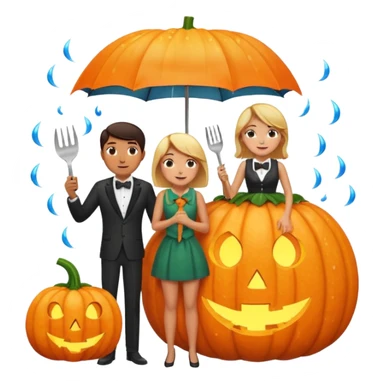 Make a guy hugging a giant pumpkin with a fork in his right hand while there's fire while there's a lady watching while it's raining while there's an umbrella on the ground that's alive and the sun has a bow tie on his neck sticker