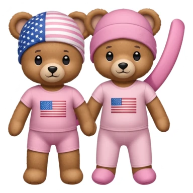 A light brown teddy bear wearing light pink clothes with a US flag print, and another with a Pilates band on its head and wearing sportswear. sticker