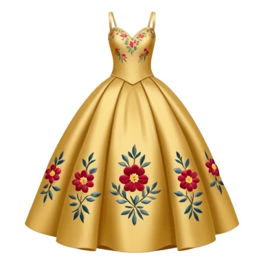 
A golden ball gown with embroidered floral details.




























 sticker
