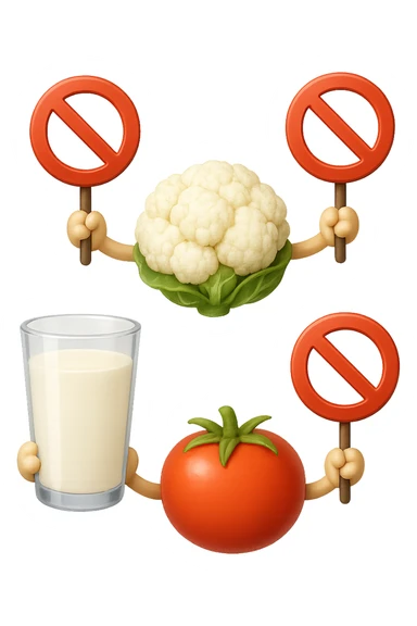 emoji stile iphone di un BICCHIERE DI LATTE CAVOLFIORE E POMODORO CHE FLUTTUANO IN ARIA VERTICALMENTE CON DIVIETI IN MANO, iperrealistico 4k, isolato su sfondo bianco sticker