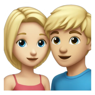 A blond boy with blue eyes who kisses a pretty blonde girl with blues eyes,  with a heart above their heads  sticker