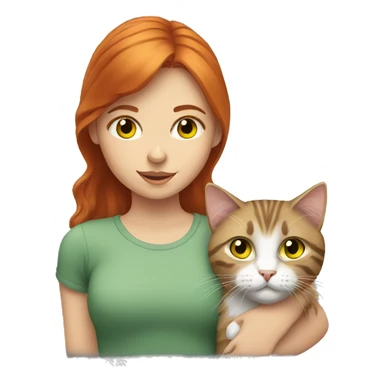 red haired girl with green eyes holding a fluffy gray tabby cat with yellow eyes sticker