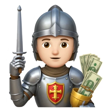 Knight with helmet holding phone and money sticker