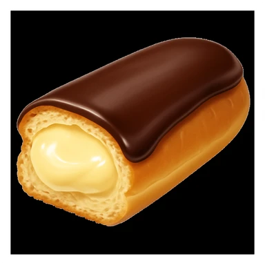 Add a glossy chocolate glaze on top of the sliced dairy-filled eclair, keeping the style and background the same as the original image. sticker
