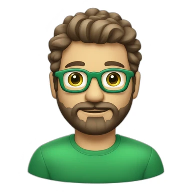 Une visage d’un homme cheveux mi-long un peu ondulée de couleur brun, avec des yeux vert avec une petit barbe bien taillés et des lunettes assez fines  et une peau claire  sticker
