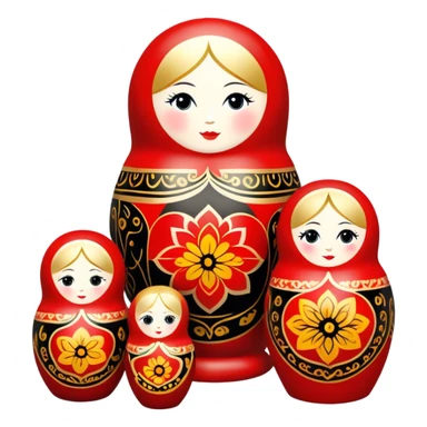 Wood painting icon, painted wooden matryoshkas (nesting dolls) of various sizes, vase, and small wooden box, visible carving tools, paintbrushes, traditional patterns in bright colors like red, gold, and black, no finished artwork, just the crafting process, minimalistic style, clean lines, transparent background. sticker