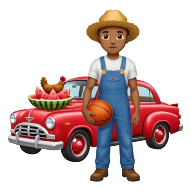Black man in farmer outfit and infront of a hell cat car with a basketball fried chicken and watermelon in there hand sticker
