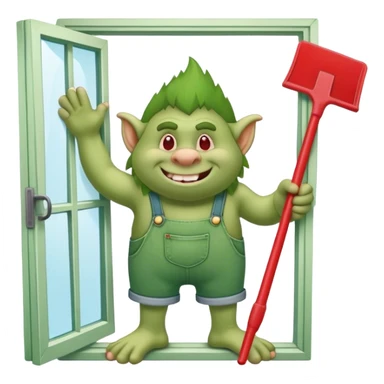 Troll wearing jorts cleaning a window using red squeegee sticker