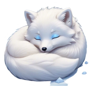 Meme-Worthy Cute Sleeping Arctic Fox Portrait Emoji, Head resting peacefully with a contented smile, showcasing a compact, agile build and a luxuriously soft white Fur with delicate icy blue accents, eyes shut in a serene, restful nap, Simplified yet hilariously adorable features, highly detailed, glowing with a soft, drowsy light, high shine, relaxed and utterly lovable, stylized with an air of playful laziness, bright and heartwarming, soft glowing outline, capturing the essence of a comically sleepy arctic fox, so meme-worthy it feels like it could instantly become the next viral sensation of adorable slumber! sticker
