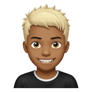 Black Male Teenager with Short punk messy blonde hair, Dark brown bushy eyebrows large expressive golden-brown eyes, wearing a plain white t-shirt, Dark Brown skin color. vampire tooth sticker
