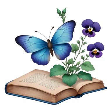 A vintage book with a worn blue cover, open to reveal pressed pansies and a resting green butterfly. sticker