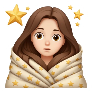 Sleepy girl with long brown hair wrapped like a burrito in a blanket, eyes half-open elegant stars  sticker
