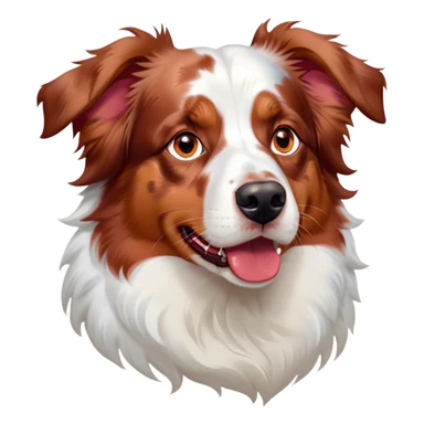Cinematic Noble Predominantly White Red Merle Australian Shepherd Portrait Emoji, Poised and regal, with a strong, agile build and a stunning predominantly white coat with splashes of red merle, piercing blue eyes, Simplified yet sharp and sophisticated features, highly detailed, glowing with a soft, dignified glow, high shine, intelligent and loyal, stylized with an air of elegance, focused and attentive, soft glowing outline, capturing the essence of a watchful and confident herder, so majestic it feels as though it could step out of the screen with effortless authority! sticker