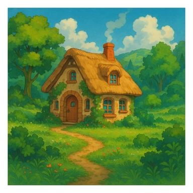 a cozy cottage in a magical landscape with lush greenery in Ghibli style sticker