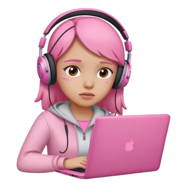 a girl with a pink laptop with headphones, color outline icon style, looking sad sticker