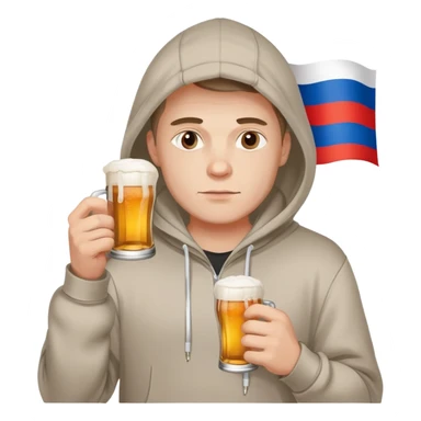 Russian man in a hoodie with russian flag holding a beer and a cigarette sticker