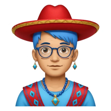 unique looking tourist with big unique red tourist sombrero and earrings, man with lots of tattoes and spectacles, blue hair showing sticker