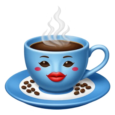 A steaming cup of coffee is visible. The blue cup has a kissing lips print and sits on a blue saucer filled with coffee beans. sticker