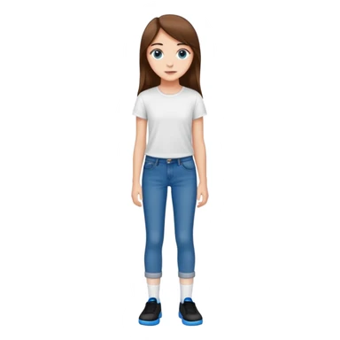 A cute 16 year old white girl that has long straight brown hair wearing a white T shirt as well as long tight blue jeans with BROWN eyes, and wearing black socks and blue shoes sticker