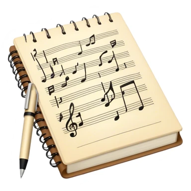 Create an emoji representing songwriting. The design should feature an open notebook or sheet music with visible lyrics and musical notes, symbolizing the process of writing song lyrics. A pen or pencil should be placed near the notebook, indicating active writing. Optionally, include a vintage microphone or a quill to add a creative touch. Use a harmonious color palette with warm and neutral tones. Do not include any emojis or smiley faces. Make the background transparent. sticker