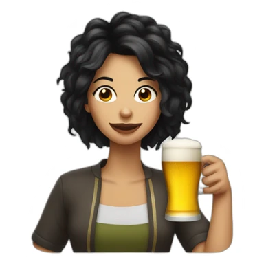 a woman with wacky black hair drinking a beer sticker
