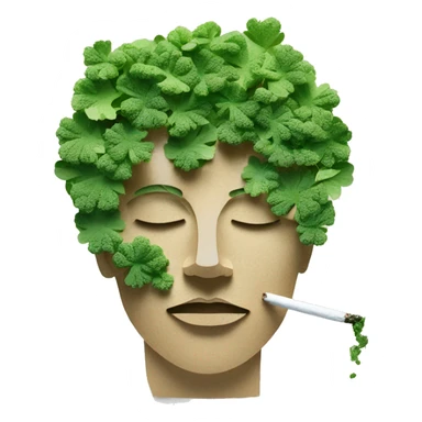 Person face portrait smoking chill made entirely of paper cuttings and 420 leaves and broccoli and green flowers, holographic sticker