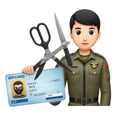 Floating black Scissors cutting an idf soldier ID card in 2 parts .hyper realistic sticker
