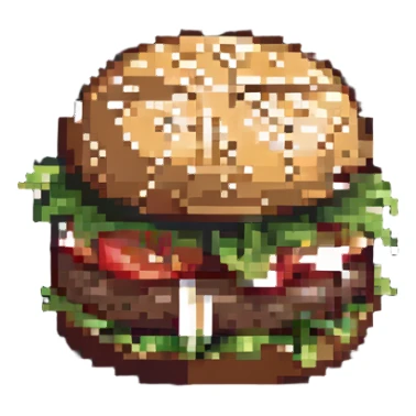 hamburger with sesame seed bun, lettuce, tomato, cheese, and patty sticker