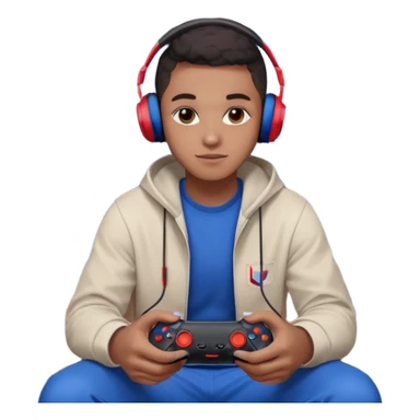 Black Muslim gamer sitting in a gaming setup with LED lights (red/blue), PS5 2025 controller in hand, confident pose, headphones around neck, posters and shelves in background, high-resolution portrait, crisp details, cinematic lighting. sticker