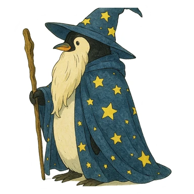 fantasy illustration of a penguin wizard with a long beard and starry cloak sticker
