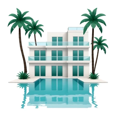 white villa with swimming pool and dark green palm trees, minimalism, no emojis or faces, white background sticker
