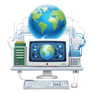 An icon featuring a computer monitor displaying code, a globe with network nodes, and a circuit board, symbolizing IT. The design includes data streams, cloud storage, and a keyboard, representing digital innovation, connectivity, and problem-solving. Transparent background sticker