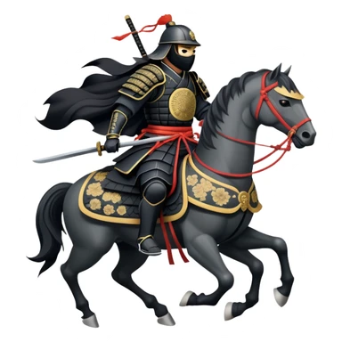 clash-of-clans-aesthetic_-cinematic-fearsome-and-majestic-samurai-bust-portrait-emoji, rendered in a flat, vector-style with minimal shading and bold, simplified shapes typical of emoji art, depicting a battle-hardened samurai with black mask and traditional black Japanese armor. The samurai is riding a noble grey warhorse adorned with an intricately designed saddle and fluttering banners and a rising sun. a samurai riding on a  horse sticker