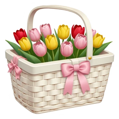 A white Picnic basket with light pink bow, white peonie, tulips sticker