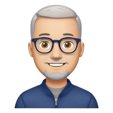 Man with light skin, oval face, buzz cut extremely short on top with faded sides, short peppered gray beard, large black-framed glasses, smiling face, broader body build, navy blue zip-front sweatshirt with long sleeves sticker