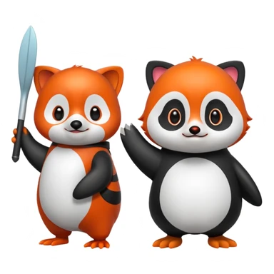 A cartoon  cute cartoon penguin. Next to it is a cartoon red panda holding its flipper  sticker