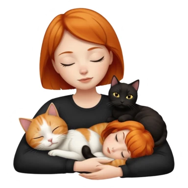 Ginger Girl short hair sleeping with two cats a black and a white bigger cat  sticker