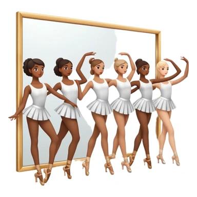 Icon for Choreography: a group of dancers in identical poses, standing by a wall with all wall long mirror, holding a long barre with one hand. The icon should capture the discipline and synchronized movement of dance training. Transparent background. sticker