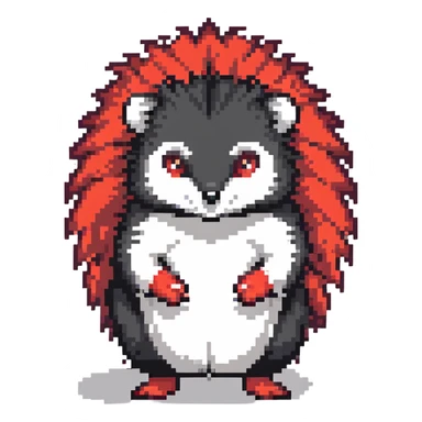black hedgehog with red accents and white chest fur, defensive stance in a neon-lit industrial environment, metallic surfaces, intense expression sticker