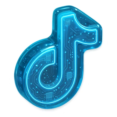 Glossy circuit-themed TikTok icon with blue glowing accents, transparent background sticker