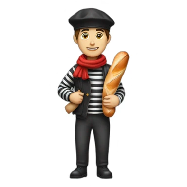 a french guy with a beret, black and white striped clothes, a red scarf and a baguette on his back. sticker