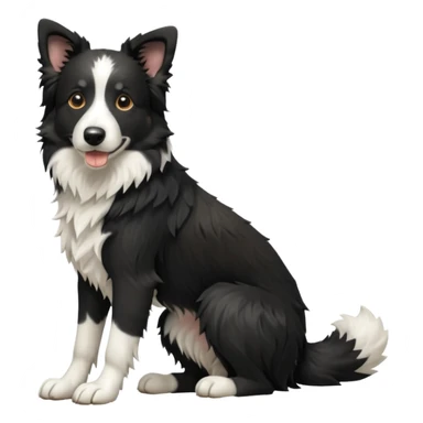 cinematic-[border collie dog]-realistic-full-body-sitting-emoji,-tail-resting-loosely-beside-its-paws,-head-tilted-dramatically,-scruffy-[black and white]-fur,-simplified-yet-realistic-focused-features,-highly-detailed,-glowing-with-an-almost-sarcastic-glow sticker