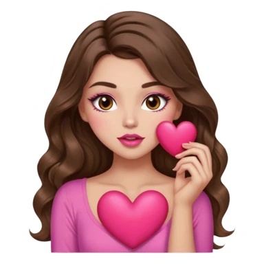 girl with long wavy brown hair, brown eyes, long lashes makeup, sexy pink lips, light to medium complexion, wearing a pink sexy top, sexy , puckering, blushing, kissing a heart sexy sticker