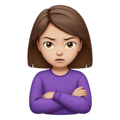 Angry Pouty girl with small squinted eyes folding arms in a purple longsleeve shirt she has fair skin and brown hair sticker