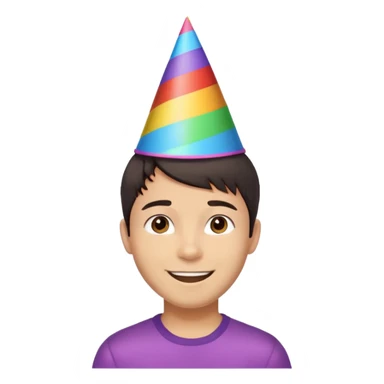 Young man, short hair, rainbow birthday party hat, cheerful expression sticker