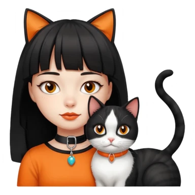 a girl with a short black curtain bangs hair and with her 2 cat color white black cat and orange white cat laying on her neck sticker