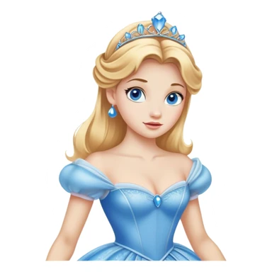 Cinematic Realistic Comical Cinderella Portrait, with every detail rendered realistically—from the soft, smooth texture of her fair skin to her artfully styled golden-blonde hair. Her bright blue eyes are wide with playful disbelief, and her expression carries a touch of whimsical humor while retaining elegant poise. Her classic ball gown, detailed with rich fabric textures and natural shadows, catches the light in a way that blends refined beauty with a hint of cheeky mischief, creating a striking, lifelike portrayal. sticker