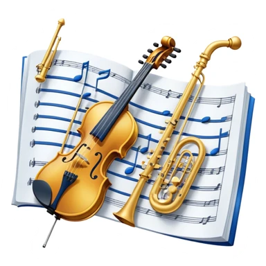 Create an artistic emoji that represents music arrangement and orchestration. The design should feature various orchestral instruments (drums, violin, electric guitar, synthesizer) and conductor's baton, musical scores. Incorporate flowing lines to represent harmony and orchestral balance, along with a subtle representation of sheet music. Use rich, classical colors like gold, silver, or deep blue, and create an atmosphere of sophistication and precision. The background should be transparent. sticker